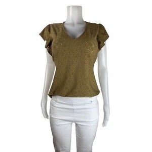 F. Michael Kors Top Size M Camel Beige Blouse Cap Sleeve V Neck NWT $88